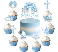 Jollyboom Set di decorazioni per battesimo, 24 pezzi, blu, decorazione per torte e cupcake, arcobaleno, boho con croce, colomba, bibbia, eucalipto, motivo per ragazzo della prima comunione, cresima