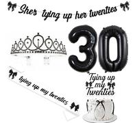 Jollyboom She's Tying Up Her Twenties Decorations, fiocco nero decorazioni per feste di 30° compleanno striscione topper torta fascia tiara numero 30 palloncino in lamina per applausi fino a 30 anni