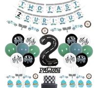 Jollyboom Two Fast Two Curious - Decorazione per festa di compleanno con auto da corsa, 2° compleanno, palloncino blu e verde, decorazione per torta, palloncino in alluminio a forma di numero 2