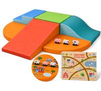 JollyHop CertiPUR-US®, set di 6 blocchi da arrampicata in schiuma per bambini con auto in legno e libro di adesivi, si illumina al buio, giocattolo da arrampicata per bambini, schiuma CertiPUR-US®