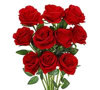 Jolsaawie 10 rose artificiali in seta rossa con stelo, bouquet di fiori per matrimoni, feste, decorazioni per la casa, confezione da 10