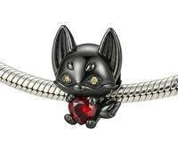JOME Charm gatto nero vampiro in argento sterling 925 - Ciondolo Bat Cat con ali e cuore rosso - Gioiello gotico di gattino compatibile con braccialetti europei - Regalo Halloween e amanti dei gatti