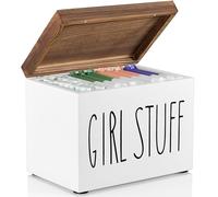 Jomeis Girl Stuff, Scatola portaoggetti da bagno per prodotti per l'igiene femminile, in legno con coperchio incernierato, discreta ed elegante per assorbenti, tamponi, fodere - nero/bianco e legno