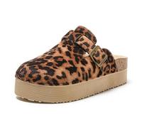 JOMIX Zoccoli Donna con Zeppa Ciabatte Invernali Comodi da Casa Pelle Scamosciata Pantofole da Inverno con Suola in Sughero Sabot con Fibbia e Motivi Animalier WCT255086 Leopardata Scuro 39