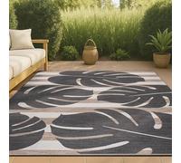 JONATHAN Y Allison TSN400A-3 Tappeto classico a righe e foglie di Monstera nero/beige, 0,9 x 1,5 m, adatto per interni ed esterni, adatto agli animali domestici, non perde pelo, antimacchia, facile da
