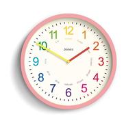 Jones Clocks® Kids wall clock | Small modern children’s nursery clock | 25cm | Pink | Colourful dial for learning to tell the time