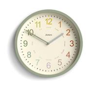 Jones Clocks® Kids wall clock | Small modern children’s nursery clock | 25cm | Sage green | Colourful dial for learning to tell the time