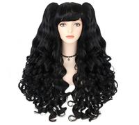 JoneTing Parrucca nera a coda di cavallo + cuffia per capelli, parrucca nera riccia da donna, parrucca lunga e riccia con coda di cavallo a clip, per Halloween, costume da principessa, per adulti, per