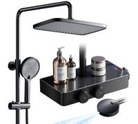 JONKEAN Sistema doccia con termostato, set completo con ripiano in vetro, doccia a pioggia con rubinetto e doccetta, set doccia con rubinetto, set doccia con doccia a pioggia (stile A, nero) opaco