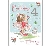 Jonny Javelin Biglietto di auguri per il 4° compleanno per ragazze, con grazioso motivo floreale con fata, finitura laminata e glitterata, biglietto di auguri per il quarto compleanno