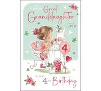 Jonny Javelin Biglietto di auguri per il quarto compleanno della nipote, con scritta in lingua inglese "Cute Girl and Presents", finitura laminata e scintillante, biglietto di auguri per 4° compleanno