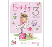 Jonny Javelin Biglietto di auguri per il terzo compleanno per ragazze, con ballerina e palloncini, finitura laminata e brillantini, biglietto di auguri per 3° compleanno