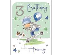 Jonny Javelin Biglietto di auguri per il terzo compleanno per ragazzi, motivo scooter e cane, finitura laminata e glitterata, biglietto di auguri per il terzo compleanno