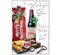 Jonny Javelin Biglietto di Natale per un figlio meraviglioso, birra e | Verso sincero, lamina goffrata e finitura flitter, bordo fustellato, inserto illustrato, realizzato nel Regno Unito