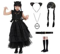 JONRRYIN Costume gotico per bambine, mercoledì mercoledì, nero, per cosplay, con parrucca, cintura e calze, per carnevale, Halloween, feste (140)