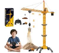JONRRYIN Gru a Torre Telecomandata Alto 138 cm, 6 Canali 2,4 Hz RC Gru a Torre, Giocattolo da Costruzione Radiocomandata a 680° Rotazione con Luci per Bambini (Giallo)
