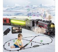 JONRRYIN Trenino Elettrico Retrò per Bambini, Treno Natalizio Giocattolo per Bambini Telecomandato con Affumicato, Luci e Suoni, Treni Elettrico Giocattolo con Pista Lunga per Rega