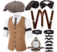 JONRRYIN Vestiti Anni 20 Uomo Accessori, Costume Mafia Anni 1920, Set con Gilet e Vari Accessori per Halloween, Carnevale (Marrone, S)
