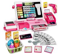 Jonuin Registratore di Cassa Giocattolo, Cassa Giocattolo per Bambini con Calcolatrice, Scanner, Soldi Finti, Carrello e Cibo, Gioco di Ruolo, Giocattoli Da Supermercato