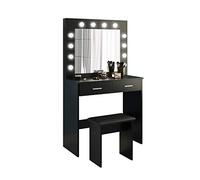 Jooli H Toeletta Trucco con 12 Luci LED Hollywood, Tavolo da Trucco Moderno con Specchio, Sgabello e 2 Cassetti, 80x40x140cm (Nero)