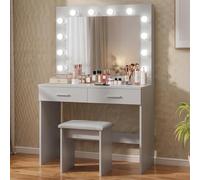 Jooli H Toeletta Trucco con 12 Luci LED Hollywood, Tavolo da Trucco Moderno con Specchio, Sgabello e 2 Cassetti, 80x40x140cm (Grigio)
