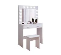 Jooli H Toeletta Trucco con 12 Luci LED Hollywood, Tavolo da Trucco Moderno con Specchio, Sgabello e 2 Cassetti, 80x40x140cm (Bianco)