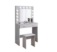 Jooli H Toeletta Trucco con 12 Luci LED Hollywood, Tavolo da Trucco Moderno con Specchio, Sgabello e 2 Cassetti, 80x40x140cm (Grigio)