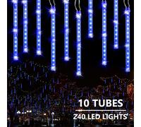 Joomer 240 LED Luci Della Pioggia di Meteore con Tappo, 30cm 10 Tubi Tubo Luci di Natale da Esterno, Luci Natale Decorazioni Impermeabile con Timer per Albero di Natale, Giardino, Festa, Nozze(Blu)