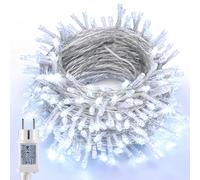 Joomer Luci Natale Esterno Bianco Freddo, 10M 100LED Luci Albero di Natale Adattatore, 8 Modalità Catena Luminosa Natalizia Decorazioni Timer Linea Trasparente Impermeabile per Balcone Albero Festa