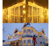 Joomer Luci Natale Esterno Cascata, 9M 300LED Luci Natalizie da Esterno con Timer Funzione, 8 Modalità LED Luci Stringa adattatore per matrimonio Tetto Casa Bar Natalizia Decorazione(Bianco Caldo)