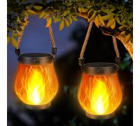 Joomer Luci Solari da Esterno, 2 Pezzi Lanterne Solari da Esterno Impermeabili con Manico in Corda di Canapa, Lampada solare a Fiamma 2 Metodi di Ricarica per Interni Esterni Giardino Patio Casa