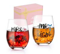 JOONYOEE Regali di nozze per sposi e sposi, regalo di coppia Mr Right e Mrs Always Right Set di bicchieri da vino senza stelo per nuova casa, fidanzamento, anniversario, regalo di nozze d'oro