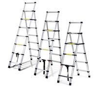 Joparri Scala telescopica 2,0 m + 2,3 m, scala in alluminio pieghevole multiuso, allungabile con blocco di sicurezza e corrimano, scala antiscivolo per soffitta fino a 150 kg, colore: argento