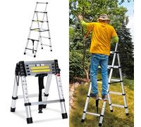 Joparri Scala telescopica in alluminio pieghevole 1,4 m + 1,7 m telaio ad A 4 + 5 gradini, scala estensibile per riparazioni sul tetto, dimensioni piegate 62,7 cm, portata 150 kg