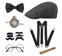 JOPHEK 7 Pezzi Set Accessori Anni 20 per Uomo, Gatsby Gangster Costume Accessori, con Cappello Panama, Orologio da Tasca, Cinghie, Papillon, Baffi, Occhiali da Vista, per Natale Carnevale Festa