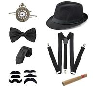 JOPHEK 7 Pezzi Set Accessori Anni 20 per Uomo, Gatsby Gangster Costume Accessori, con Cappello Panama, Orologio da Tasca, Cinghie, Papillon, Cravatta, Baffi, per Natale Carnevale Festa