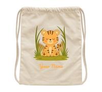 JOPHY & CO. Sacca Bambino Personalizzata | Zaino con Nome | 100% Cotone | Borsa Bambini Scuola/Asilo/Gita/Viaggi/Sport 40x36 cm (COD. 8701) (Leone Fantasia A, Beige)