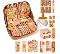 JOPWUE Capybara - Set di cancelleria, astuccio estetico con scomparti, grazioso materiale scolastico per ragazzi, ragazze, bambini, include penne, clip, righelli, elementi essenziali per il rientro a