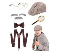 JORAKI Accessori Uomo Anni ‘20 Sherlock Holmes Cosplay Set con Cappello Cacciatore Lente D'Ingrandimento Bretella Papillon Barba Sopracciglia Occhiali per Natale Carnevale Festa in Maschera