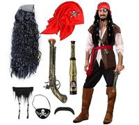 JORAKI Costume Adulto Accessori con Parrucca da pirata, Cappello da Teschio, Benda sull'occhio, Telescopio, Pistola, per Halloween Carnevale, Gioco di ruolo, Nero (HD-L-135)
