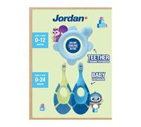 Jordan* ® Step 0 - Spazzolino da dentizione e allenamento per bambini, senza BPA, igienico, 2 in 1, soluzione per dentizione e spazzolatura precoce per bambini, blu, 1 massaggiagengive + 2 spazzolini