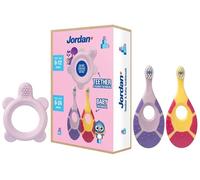 Jordan* Step 0 - Spazzolino da dentizione e da allenamento, senza BPA, igienico, 2 in 1, soluzione per dentizione e spazzolatura precoce per bambini, rosa, 1 massaggiagengive + 2 spazzolini da denti