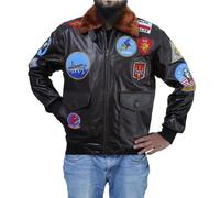 Jorde Calf TOP Gun G-1 - Giacca in pelle bovina con tasche tradizionali blu navy e tasche | Air Force A2 Flight, marrone, marrone, XL