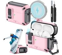 Joremx Custodia protettiva compatibile con AirPods Pro 3 con supporto per telefono, design in fibra di carbonio per AirPods Pro 3 (2025), con interruttore automatico a scatto e penna per la pulizia