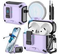 Joremx Custodia protettiva per AirPods 4 con supporto per telefono, design in fibra di carbonio, per AirPods 4 versione ANC, con interruttore automatico a scatto e penna per la pulizia (viola)