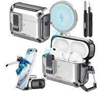 Joremx Custodia protettiva per AirPods Pro 3 con supporto per telefono, design in fibra di carbonio, per AirPods Pro 3 (2025), con interruttore automatico a scatto e penna per la pulizia (argento)