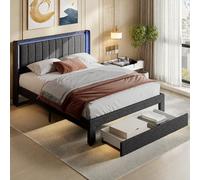 JOROBURO Telaio per letto queen size con stazione di ricarica e luci a LED, 160 x 200 cm, testiera imbottita con cassetti di stoccaggio, non c'è bisogno di rete, supporto a doghe in legno