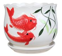 Jorzer Vaso per piante, vasi in ceramica per piante, fioriera in ceramica con foro di drenaggio, vassoio per matrimoni, design esterno con pesci rossi, vasi per piante da interno con drenaggio