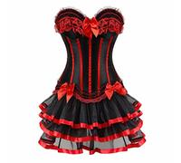 Josamogre Corsetto Abito Striscia Pizzo Fiori Bustino con Gonna Tutu Barocco Intimo Elegante Burlesque Donna Nero Rosso 2XL