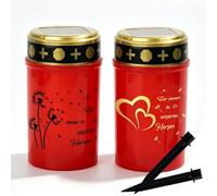 JOSTIVE 2 luci a LED per tomba con picchetto, lampada solare impermeabile per cimitero, lumino elettrico con effetto sfarfallio, candela commemorativa, IP45, rosso